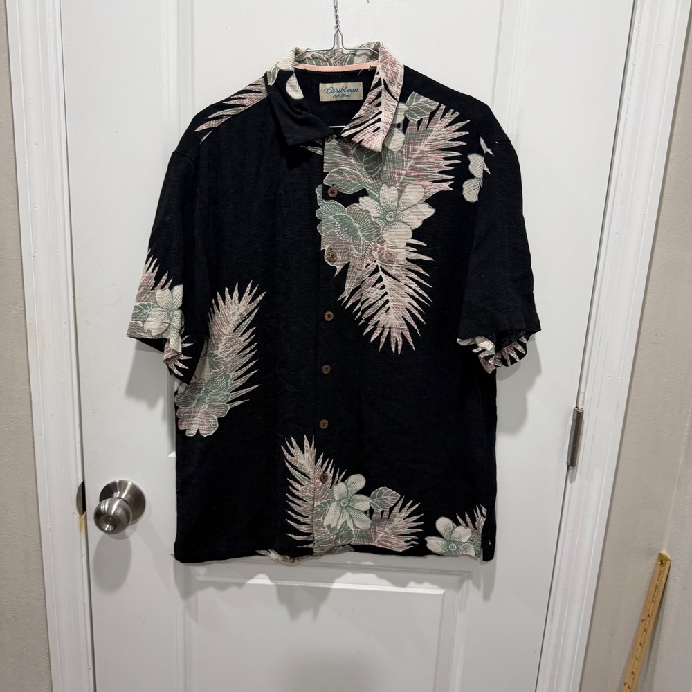 Caribbean Mens Button Down Shirt Silk Blend Tropical Black Size M